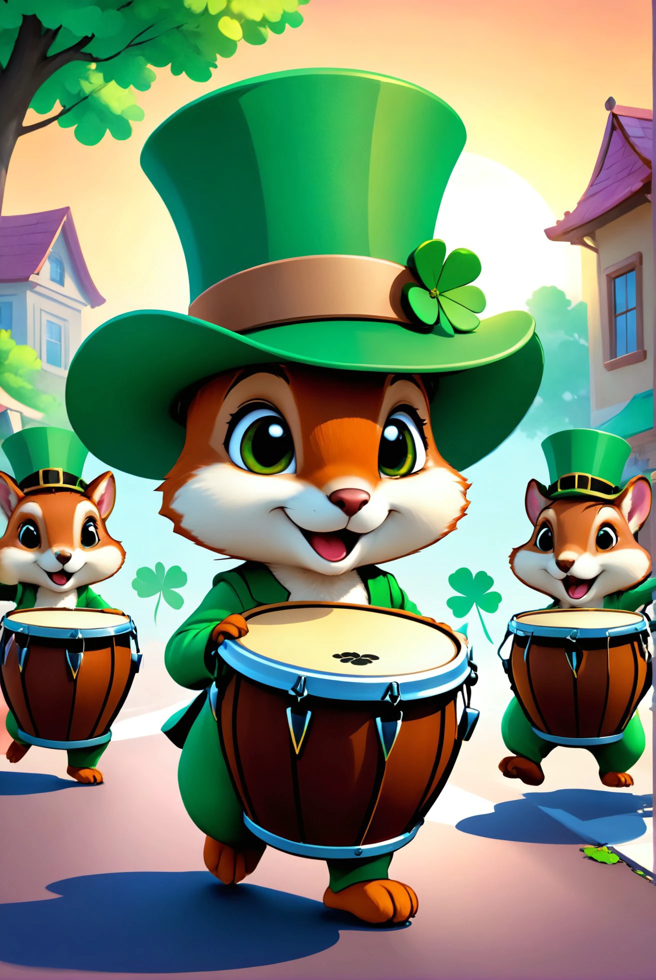 A parade of squirrels wearing tiny clover leaf hats, marching with acorn drums under the soft glow of a spring sunrise., illustration, 3d, cartoon,
high resolution, high quality, detailed, masterpiece, hdr, sharp,
[Watercolor style],[ sassy style], 
BREAK
score_9, score_8_up, score_7_up, score_6_up , amazing, beautiful, breathtaking, astonishing, brilliant, incredible,