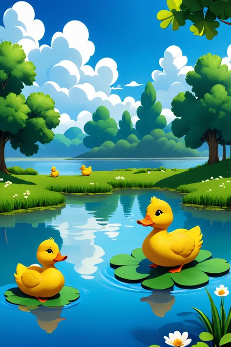 A group of ducklings paddling around a pond shaped like a shamrock, with fluffy clouds reflecting in the water, under a clear blue sky., illustration, 3d, cartoon,
high resolution, high quality, detailed, masterpiece, hdr, sharp,
[Renaissance style],[ abbe bi style], 
BREAK
score_9, score_8_up, score_7_up, score_6_up , amazing, beautiful, breathtaking, astonishing, brilliant, incredible,