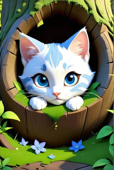 A curious kitten with wide, sparkling eyes, peeking out from a hollow log adorned with Celtic carvings, surrounded by a carpet of soft moss and tiny bluebells., illustration, 3d, cartoon,
high resolution, high quality, detailed, masterpiece, hdr, sharp,
[Gravity Falls style],[ sassy style], 
BREAK
score_9, score_8_up, score_7_up, score_6_up , amazing, beautiful, breathtaking, astonishing, brilliant, incredible,