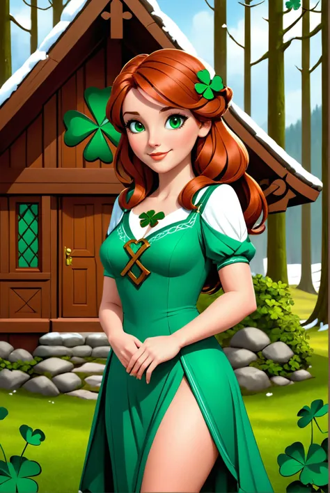 Irish woman with red hair wearing traditional green dress, illustration, 3d, cartoon, 
shamrock, HARP, SNAKE, CELTIC CROSS, CLADDAGH, ST. BRIGID CROSS, CELTIC KNOT, LEPRECHAUN,  
high resolution, high quality, detailed, masterpiece, hdr, sharp,
Snow-covered forest and cabin retreat at background,
[Art Deco style],[ midjourney style], 
BREAK
score_9, score_8_up, score_7_up, score_6_up , amazing, beautiful, breathtaking, astonishing, brilliant, incredible,