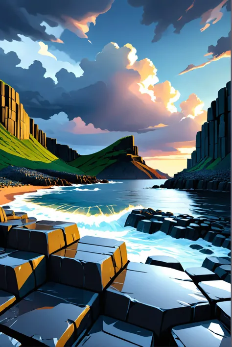 A panoramic view of the Giant's Causeway under a stormy sky, with dramatic lighting highlighting the unique basalt columns., illustration, 3d, cartoon,
high resolution, high quality, detailed, masterpiece, hdr, sharp,
[Impressionism style],[ basety style], 
BREAK
score_9, score_8_up, score_7_up, score_6_up , amazing, beautiful, breathtaking, astonishing, brilliant, incredible,