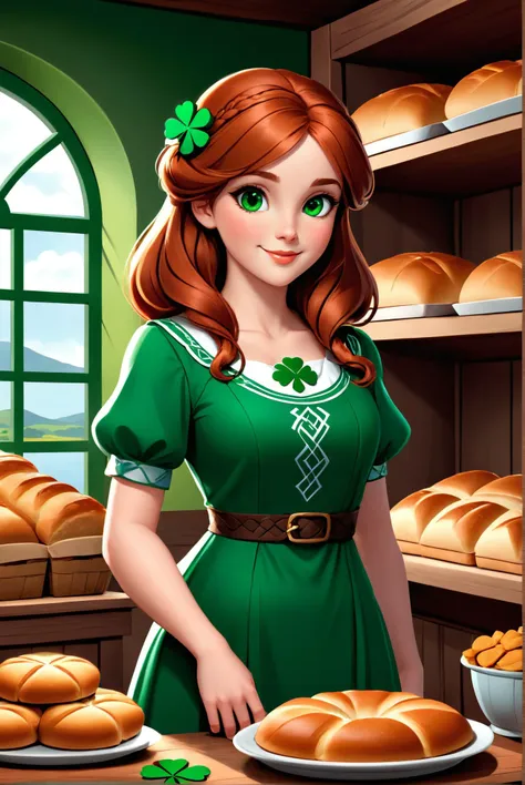 Irish woman with red hair wearing traditional green dress, illustration, 3d, cartoon, 
shamrock, CELTIC CROSS, CELTIC KNOT, 
high resolution, high quality, detailed, masterpiece, hdr, sharp,
Local bakery and fresh bread aroma at background,
[Biophilic Design style],[ abbe bi style], 
BREAK
score_9, score_8_up, score_7_up, score_6_up , amazing, beautiful, breathtaking, astonishing, brilliant, incredible,