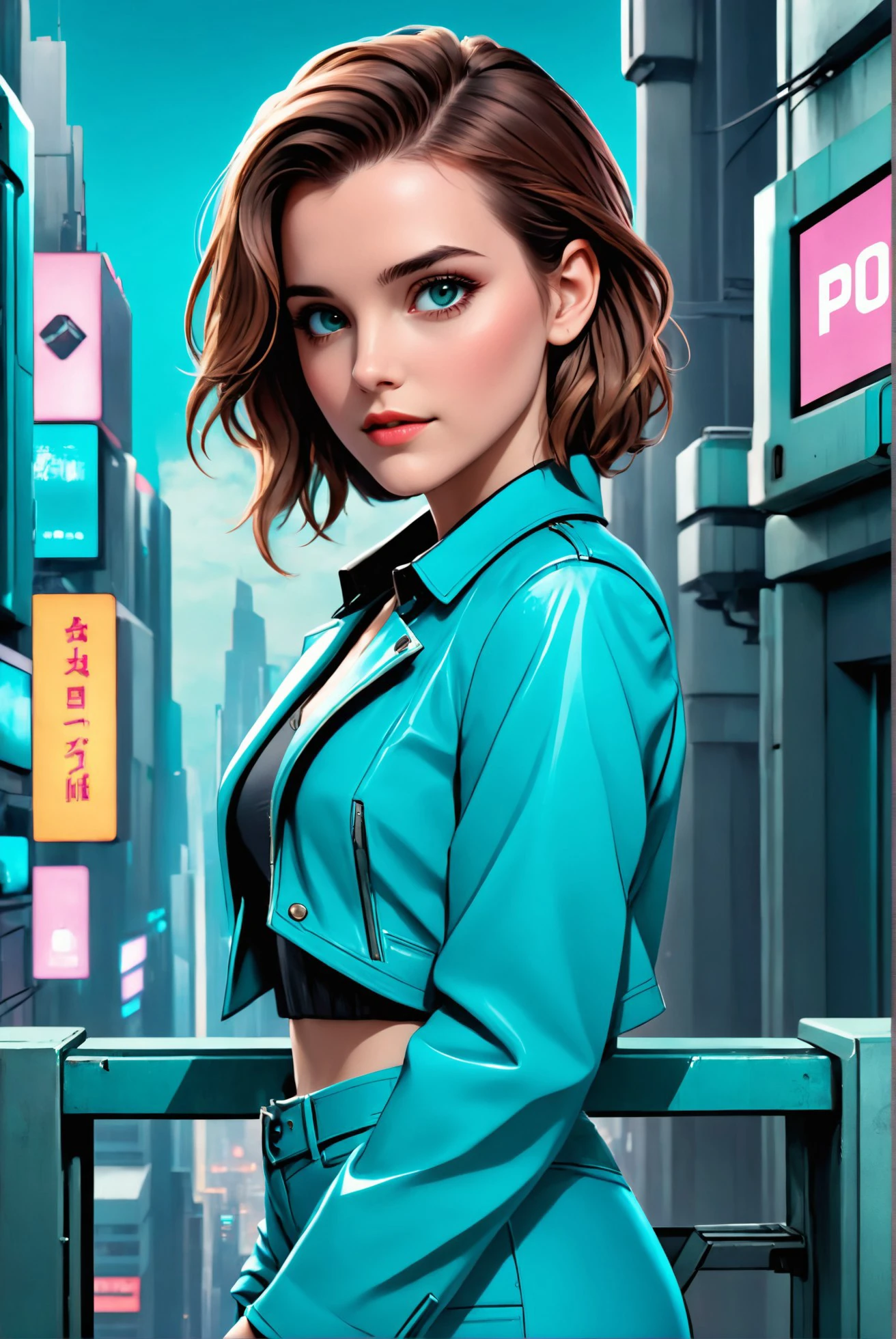 ,  young woman,  closeup upper body, middle shot,
,Polaroid,
([Emma( :0)Watson|Winona( :0)Ryder| Keira( :0)Knightley]:0.9), average,
Turquoise jeans,
highres, detailed, sexy,well dressed, realistic,
Dystopian future city and cyberpunk theme at the background, best quality, masterpiece,