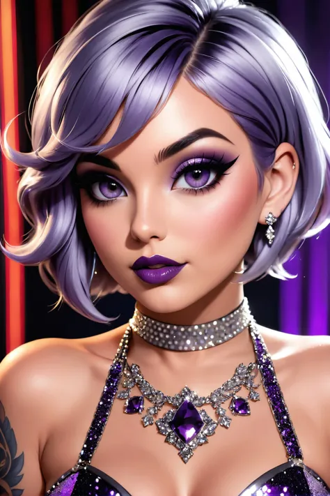 up close photo of a woman with heavy smoky makeup, beautiful detailed eyes, short silver violet hair, hard night partying, sparkling mini dress, tattoos, large lips, skin detail, pores, realistic, imperfections,