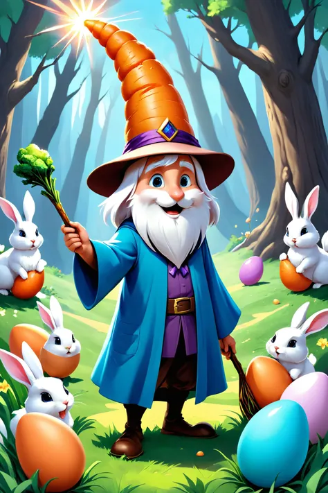 bunnies, easter decorated eggs, easter theme,
A wizard accidentally turning his magic staff into a giant carrot, with a group of hungry rabbits suddenly surrounding him, under the bewildered light of a magic mishap at midday.,
highres, high quality, masterpiece, amazing, beautiful, breathtaking, astonishing, brilliant, incredible,