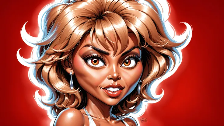 Cel Shaded Art, Masterpice,High Quality, <lora:PE_Caricature:0.8> PECaricature, Tina Turner, red background, great lighting <lora:great_lighting:0.6>  <lora:detailed_notrigger:0.4>, 2D, flat color, toon shading, cel shaded style