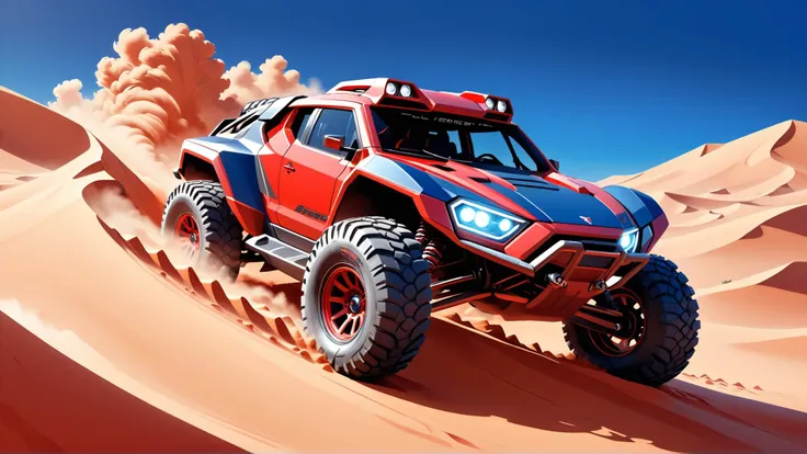 Cel Shaded Art, Low angle close up illustration, (Futuristic tough, sporty, off-road bright red and carbon fiber vehicle conquering sand dunes:1.2), Dynamic composition, Robust design, Adventurous terrain, Dusty trails, Thrilling action, ((dark blue sky)), Sci-fi elements, great lighting. <lora:great_lighting:0.8> <lora:detailed_notrigger:0.4>, 2D, flat color, toon shading, cel shaded style