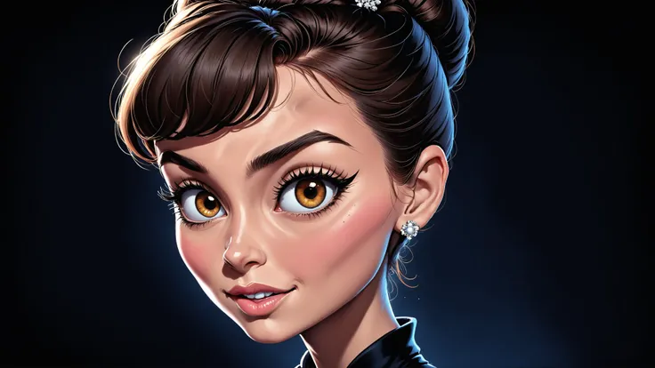 comic Masterpice,High Quality, <lora:PE_Caricature:0.8> PECaricature, Audrey Hepburn, black background, great lighting <lora:great_lighting:0.6>  <lora:detailed_notrigger:0.4> . graphic illustration, comic art, graphic novel art, vibrant, highly detailed