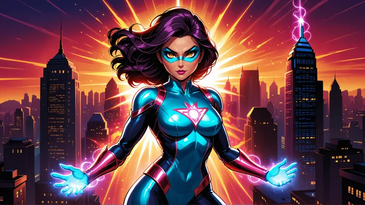 comic Medium format comic book illustration, (Glimmer Woman:1.3), Powerful stance, Glowing suit, (Sparkling energy:1.2), City skyline backdrop, Masked hero, Ready for action, Bursting multi-colored light beams, (Dynamic composition:1.2), Vibrant colors, Bold lines, city skyline background, great lighting, unaestheticXLv31 <lora:detailed_notrigger:0.4> <lora:great_lighting:0.8> . graphic illustration, comic art, graphic novel art, vibrant, highly detailed