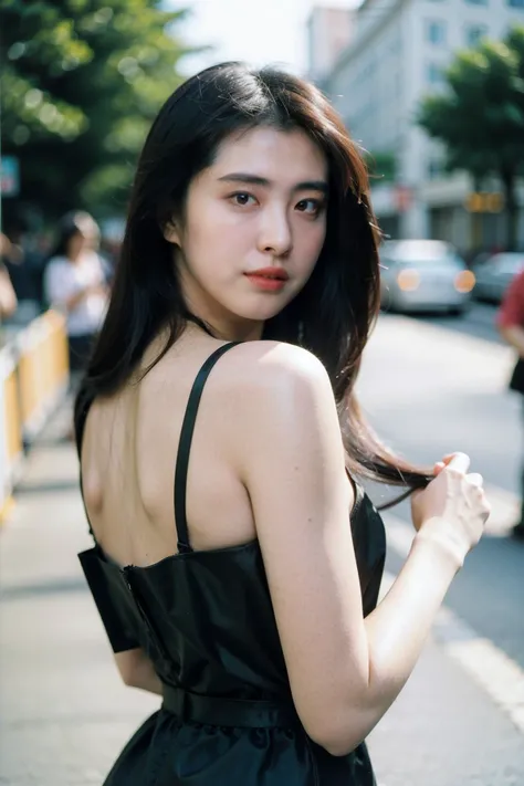 Best quality, masterpiece, ultra high res, (photorealistic), raw photo,1girl, skinny, upper body,solo, realistic, looking at viewer, long hair, bokeh background, city streets,chinese dress,   <lora:makina69_joeywong_v1.0:1>