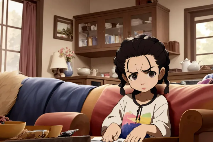 a Tagalog (Philippines) 58 years old woman Ombre Victory Rolls, sitting in a couch in the living room, well draw eyes and eye pupil , EdobBoondocksArtStyle <lora:EdobBoondocksArtStyle_v1.0:0.8>