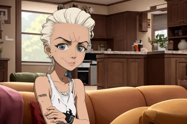 a Italians 35 years old woman Platinum blonde Razor Cut, sitting in a couch in the living room, well draw eyes and eye pupil , EdobBoondocksArtStyle  <lora:EdobBoondocksArtStyle_v1.0:0.8>