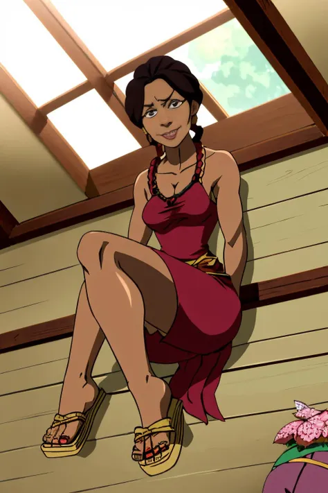 Bengalis (Bangladesh and India) 40 years old woman Red Knotted Ponytail, in the Attic, Lying on one side with legs extended out, Wrap dress with sandals, EdobBoondocksArtStyle <lora:EdobBoondocksArtStyle_v2.0:0.8>