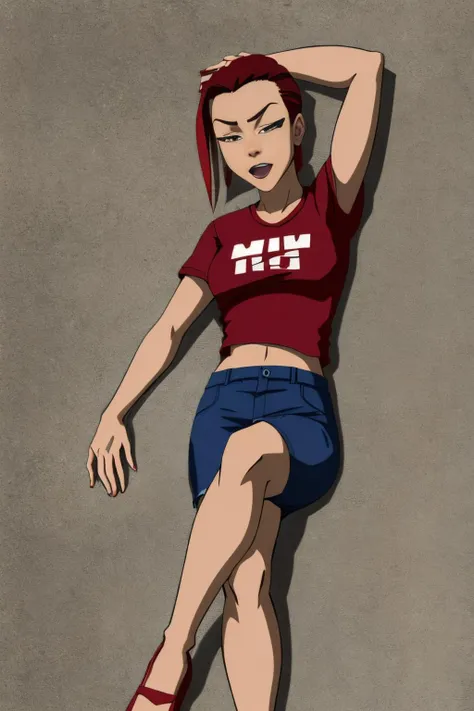 Han Chinese 20 years old woman Red Slicked Back, in the Deck, Lying on one side with legs bent, Graphic tee with a denim skirt, EdobBoondocksArtStyle <lora:EdobBoondocksArtStyle_v2.0:0.8>