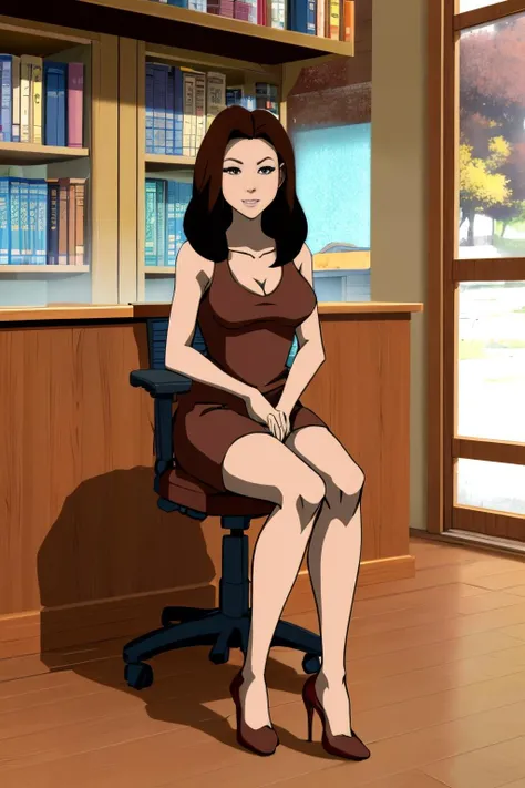 Koreans 25 years old woman Brown Pompadour, in the Library, Sitting on the floor with legs bent and hands resting on knees, Strappy dress with heels, EdobBoondocksArtStyle <lora:EdobBoondocksArtStyle_v2.0:0.8>