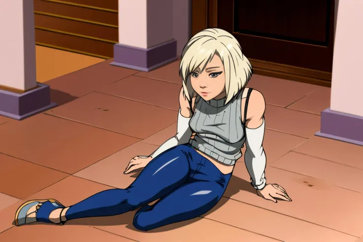 Burmese 19 years old woman Platinum blonde Angled Bob, in the Balcony, Seated on the floor with legs bent and feet together, Leather pants with a sweater, EdobBoondocksArtStyle  <lora:EdobBoondocksArtStyle_v2.0:0.8>