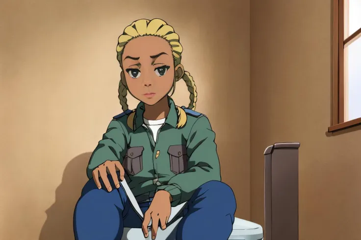 Turks 18 years old woman Blonde Pigtail Braids, in the Bathroom, Standing with one foot raised and resting on a chair, Corduroy jacket with jeans, EdobBoondocksArtStyle <lora:EdobBoondocksArtStyle_v2.0:0.8>