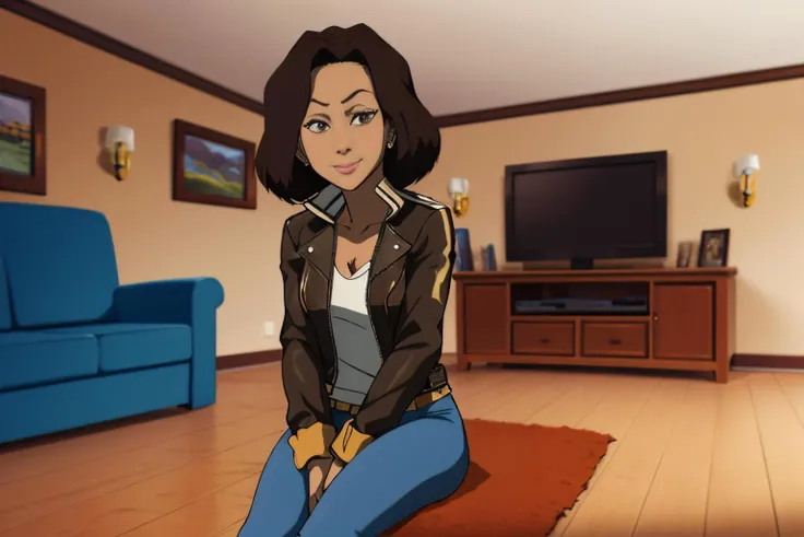 Tagalog (Philippines) 55 years old woman Balayage Afro, in the Home theater, Seated on the floor with legs extended out in a V shape, Leather jacket with jeans, EdobBoondocksArtStyle  <lora:EdobBoondocksArtStyle_v2.0:0.8>