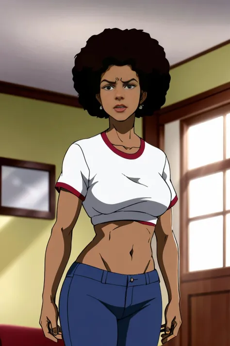 Sindhis (Pakistan and India) 49 years old woman Auburn Jheri Curl, in the Exercise room, Standing with one arm extended out to the side and other hand on hip, Jeans and a white t-shirt, EdobBoondocksArtStyle <lora:EdobBoondocksArtStyle_v2.0:0.8>