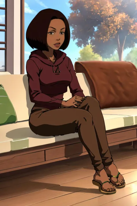 Hausa (Nigeria and surrounding countries) 40 years old woman Brown Asymmetrical Bob, in the Sunroom, Seated on the floor with legs bent and feet together, Cropped hoodie with leggings, EdobBoondocksArtStyle <lora:EdobBoondocksArtStyle_v2.0:0.8>