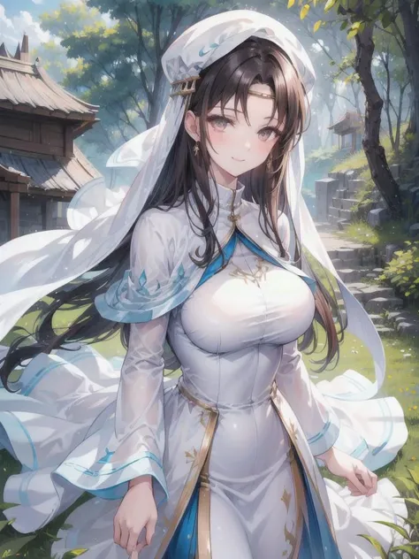 (best quality, masterpiece:1.2),<lora:elen-nvwls-v1:0.8>,elen,1girl,solo,(large breasts),veil,circlet,white dress,capelet,looking at viewer,smile,forest,outdoors,church,upper body,<lora:add_detailç»èè°èå¨:0.5>,<lora:Fashion Beauty_pose v2:0.5>,