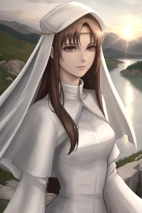 (highly detailed:1.3), 
elen, circlet, veil, white dress, capelet, slight smile, sunset,  <lora:elen-nvwls-v1:0.9>, upper body, dynamic pose, rocky mountain background, lake,
Ultra-detail,(highres:1.1),best quality,(masterpiece:1.3),specular lighting,
(highly detailed face and eyes:0.6)