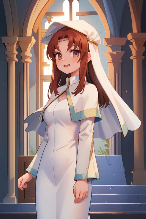 (masterpiece, best quality:1.2), solo, 1girl, elen, smile, looking at viewer, standing, veil, white dress, capelet, church <lora:elen-nvwls-v1:1.0>