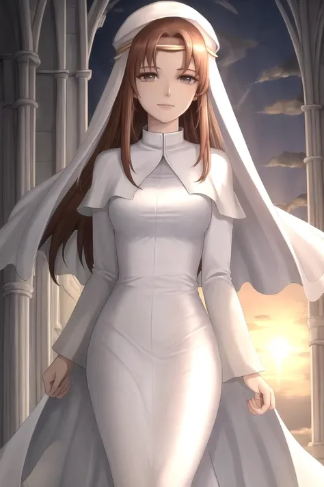 (masterpiece, best quality:1.2), elen, circlet, veil, white dress, capelet, slight smile, sunset, <lora:elen-nvwls-v1:0.9>