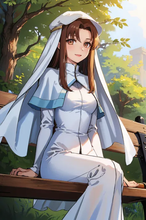 (masterpiece, best quality:1.2), solo, 1girl, elen, smile, looking at viewer, sitting, bench, veil, white dress, capelet <lora:elen-nvwls-v1:1.0>