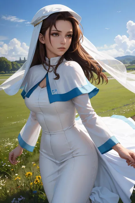 masterpiece, best quality, <lora:elen-nvwls-v1-000009:0.9> elen, veil, white dress, capelet, looking at viewer, serious, running, from side, field