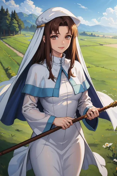 masterpiece, best quality, <lora:elen-nvwls-v1-000009:0.9> elen, veil, white dress, capelet, looking at viewer, smile, outdoors, cowboy shot, field, holding staff with both hands, wizard's staff