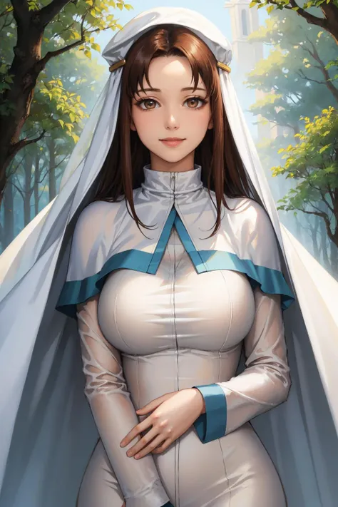 masterpiece, best quality, <lora:elen-nvwls-v1-000009:0.9> elen, veil, white dress, capelet, looking at viewer, smile, forest, outdoors, church, upper body, large breasts