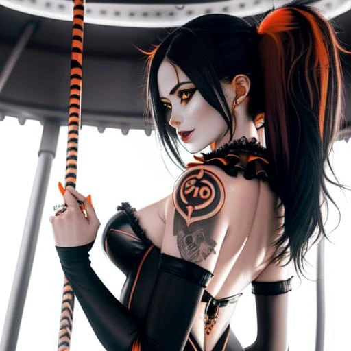 (best quality,4K,high resolution), 18 year old female, Red mesh hair on black hair, shiny long straight hair, Innocence,Sharp Eyes、Red Eyes、Icy gaze、 Face、Frustration、looking up to heaven、Small nose、Eyeliner、 Messy hair、Tight leather pants、Rear view、Straighten your back、Arms crossed over shoulders、Rear shooting angle、Show your back、Close-up of back、Place your hands on your shoulders、Defender、On the left、Red lotus tattoo on the infraspinatus muscle、Funny appearance,comics,and soul,Cute illustration of deformation、Detailed presentation of real skin texture、Muscle texture reproduction、Gothic art