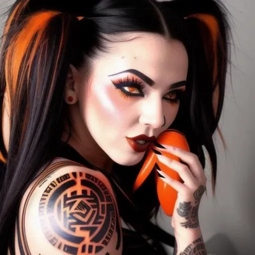 trixy_treats, ((((beautiful face)))), ((perfect face)), deliberate, masterpiece, best quality, highest quality, cinematic lighting, very beautiful, ultra realistic, tattoos, tattooed, beautiful, black dress with orange vertical stripes,