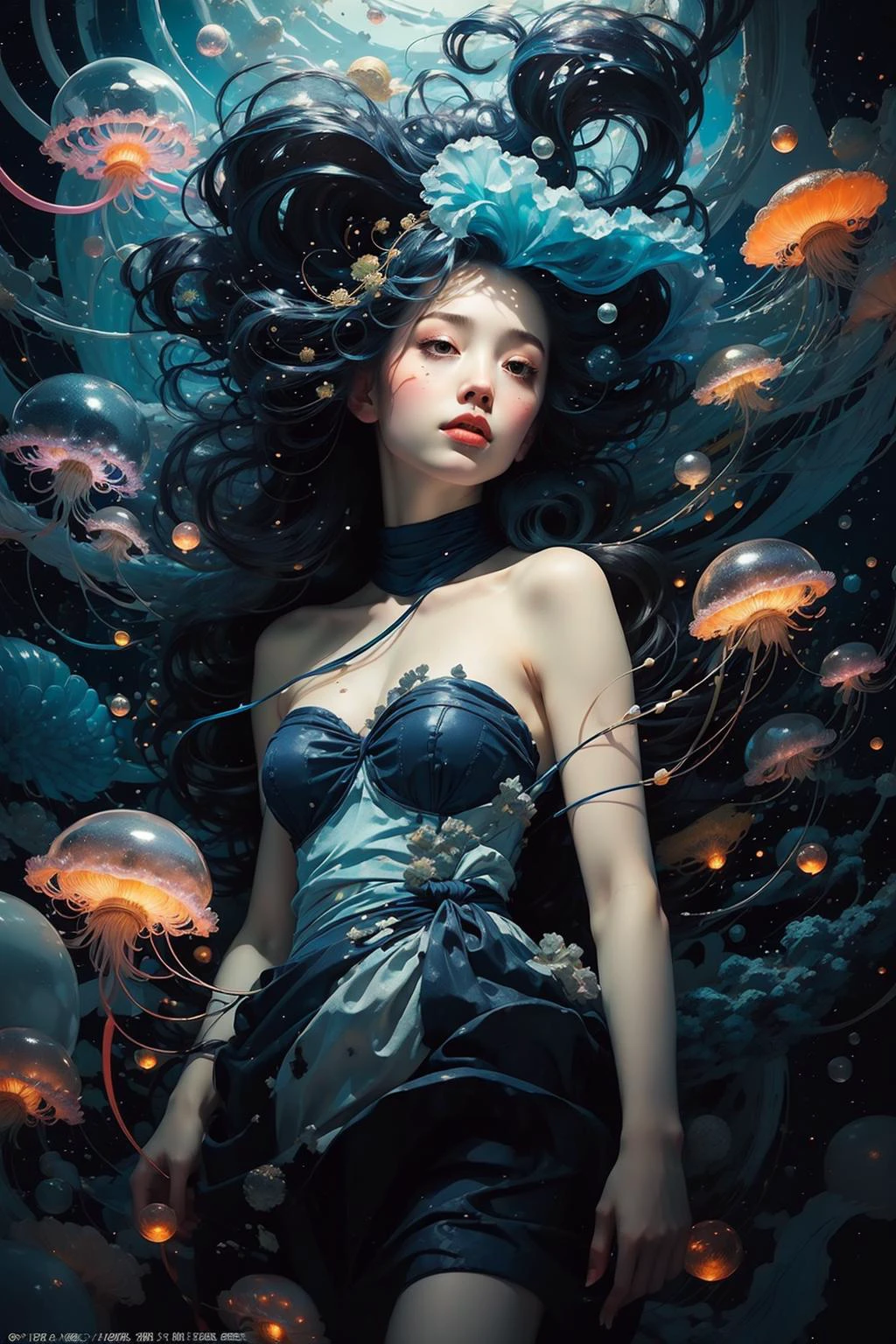 ((blue and navy color tone:1.3)) 1girl, solo,jellyfish filling up the ocean, millions of jellyfish, a girl swimming ((naked)) in the deep ocean surrounded by jellyfish, ((jellyfish)), deep black ocean,under the sea,(photorealistic:1.4), official art, unity 8k wallpaper, ultra detailed, beautiful and aesthetic, masterpiece,best quality, (dynamic angle:1.4), glowing skin, (floating colorful sparkles:1) the most beautiful form of chaos, elegant, a brutalist designed, vivid colours, romanticism, ultra wide angle, <lora:add_detail:0.3> <lyco:GPTS4 dreamwave full_478773:1.0>