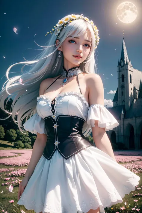 masterpiece, best quality, 1girl, (colorful),(finely detailed beautiful eyes and detailed face),cinematic lighting,bust shot,extremely detailed CG unity 8k wallpaper,white hair,solo,smile,intricate skirt,((flying petal)),(Flowery meadow) sky, cloudy_sky, building, moonlight, moon, night, (dark theme:1.3), light, fantasy,