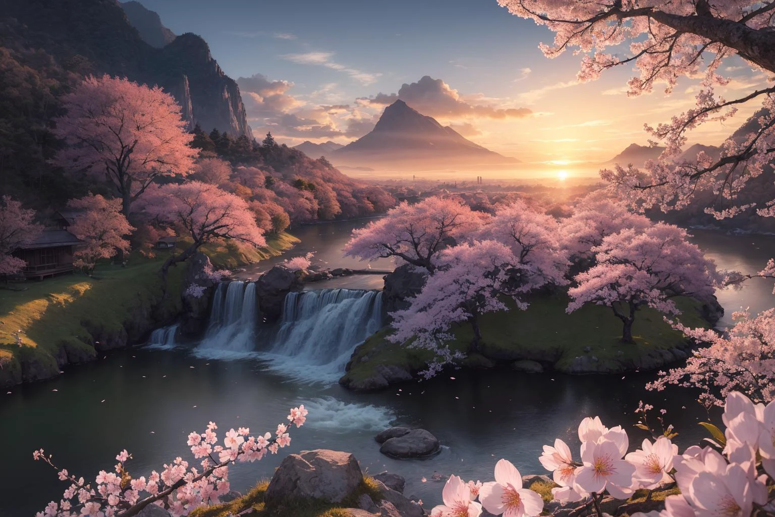 (masterpiece, best quality:1.2), ultra detailed, cinematic lighting, HDR, ilustration, landsape, sunrise, cherry blossom, impressive, chill, inspirational,