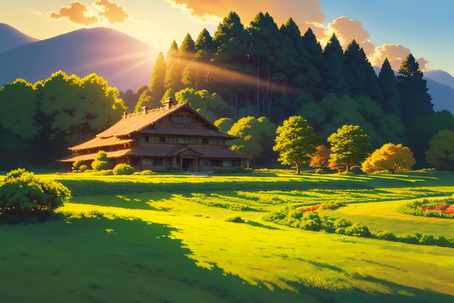 masterpiece,best quality,landscape,ghibli Style,big house,trees,grass,shadow, light,sunset, cloud
<lora:Ghibli_v4:1>