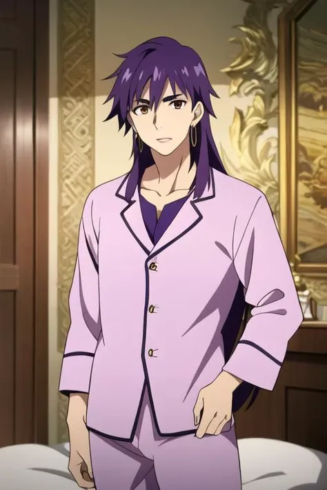 masterpiece, best quality, high quality, 1boy, solo, male focus, looking at viewer, upper body, <lora:sinbad_adult_magi:0.66>, sinbad_adult_magi, jewelry, purple hair, brown eyes, long hair, pajamas