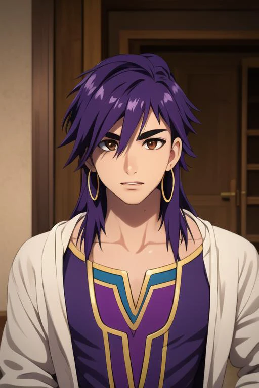 masterpiece, best quality, high quality, 1boy, solo, male focus, looking at viewer, upper body, <lora:sinbad_adult_magi:0.66>, sinbad_adult_magi, jewelry, purple hair, brown eyes, long hair, jacket