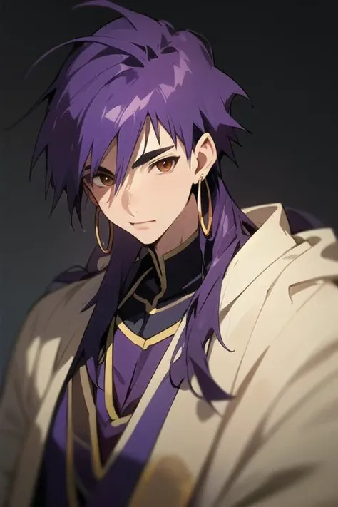 masterpiece, best quality, high quality, 1boy, solo, male focus, looking at viewer, upper body, <lora:sinbad_adult_magi:0.74>, sinbad_adult_magi, jewelry, purple hair, brown eyes, long hair, jacket