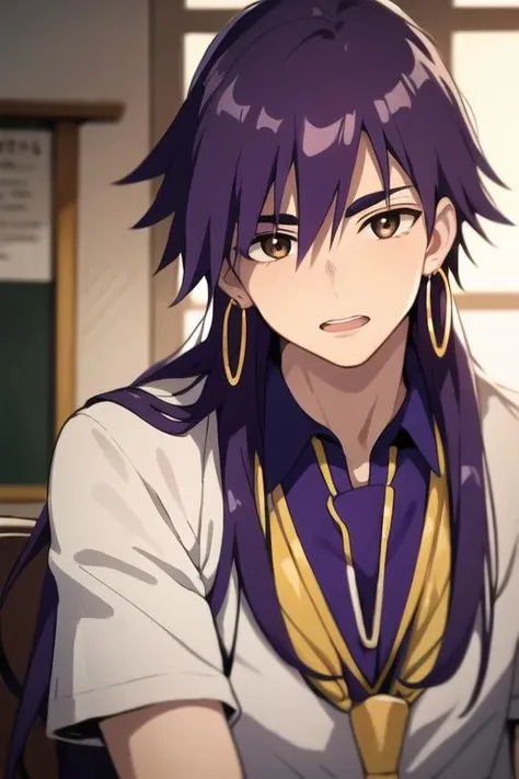 masterpiece, best quality, high quality, 1boy, solo, male focus, looking at viewer, upper body, <lora:sinbad_adult_magi:0.70>, sinbad_adult_magi, jewelry, purple hair, brown eyes, long hair, school uniform
