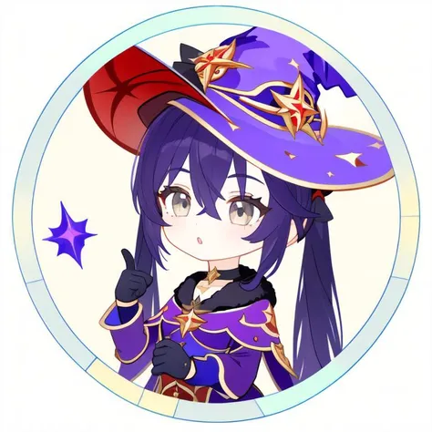 <lora:Ath_circle-frame:1>,circle-frame, 1girl, mona \(genshin impact\), hat, solo, witch hat, twintails, long hair, gloves, grey eyes, chibi, bangs, hair between eyes, sidelocks, black gloves, pointing, purple hair, :o, hat ornament, choker, black hair, long sleeves, simple background, parted lips, open mouth