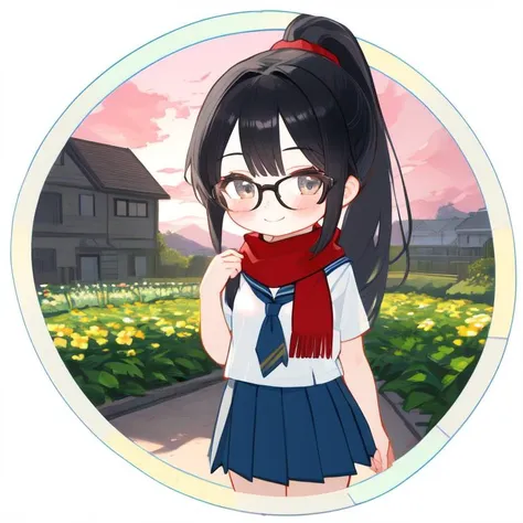 chibi,1girl,solo,(long hair,ponytail,sailor shirt,sailor collar,pleated skirt,scarf,student,bespectacled,small breasts),(black hair),(red scarf),smile,blush,standing,looking at viewer,cowboy shot,Soft Lighting,strong rim light,Beautiful Lighting,outdoors,day,cloudy sky,lens flare,garden,building,flower,<lora:Ath_circle-frame:1>,circle-frame,