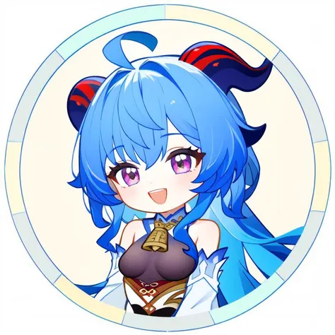 <lora:Ath_circle-frame:1>,circle-frame, 1girl, ganyu \(genshin impact\), horns, solo, blue hair, long hair, bell, neck bell, detached sleeves, ahoge, chibi, bangs, purple eyes, smile, sidelocks, white sleeves, open mouth, breasts, bare shoulders, upper body, :d, medium breasts, multicolored eyes