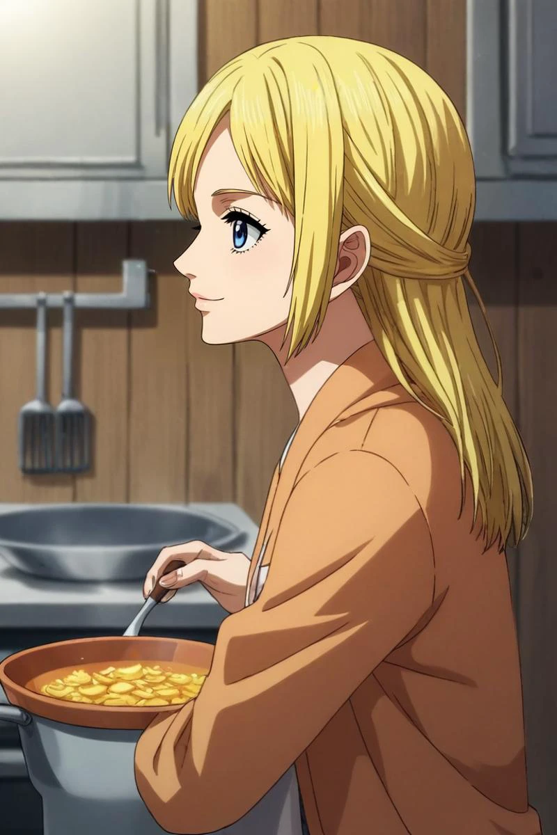 score_9, score_8_up, score_7_up, source_anime, rating_safe, , , , , 1girl, christa renz, shingeki no kyojin, blonde hair, blue eyes, solo, profile, kitchen, cooking, dawn, the pose, happy, <lora:one_piece_wano_style_pony:0.98>, one_piece_wano_style, , <lora:sdxl_lightning_8step_lora:1>