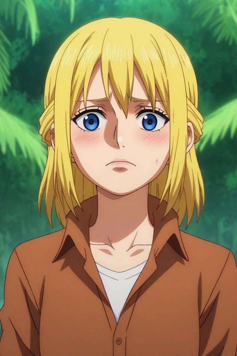 score_9, score_8_up, score_7_up, source_anime, rating_safe, , (realistic:0.6), , depth of field, 1girl, christa renz, shingeki no kyojin, blonde hair, blue eyes, solo, from below, jungle, dawn, arm support, nervous, <lora:one_piece_wano_style_pony:0.84>, one_piece_wano_style, anime screencap, anime coloring, <lora:sdxl_lightning_8step_lora:1>