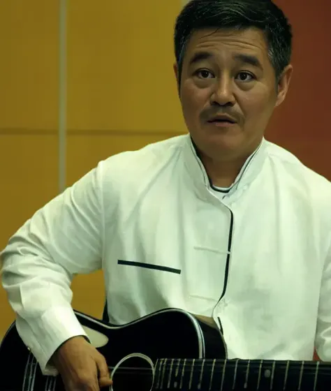 <lora:zhaobenshan:1>,best quality, masterpiece,(photorealistic:1.4), 1man,(((play the guitar))),((white shirt)),background at room,(high detailed skin:1.2),uhd, dslr, soft lighting, high quality, film grain
