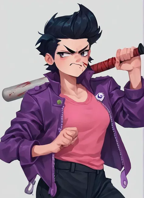 score_9 ,score_8_up , score_7_up, score_6_up, score_5_up, score_4_up <lora:bsbibixl-000004:1>bsbibi , 1 girl , black hair , , short hair , sideburns ,cute , pompadour up , anime eyes , purple jacket, pink shirt, , Black Pants , angry face , angry , swet , Holding a baseball bat , blood on bat