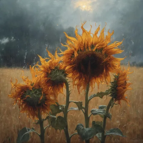 <lora:SDXL_Oil_Sa_May:1> oil, a forest fire, closeup of flaming sunflowers, (art by Peter Gric), thunderstorm rain